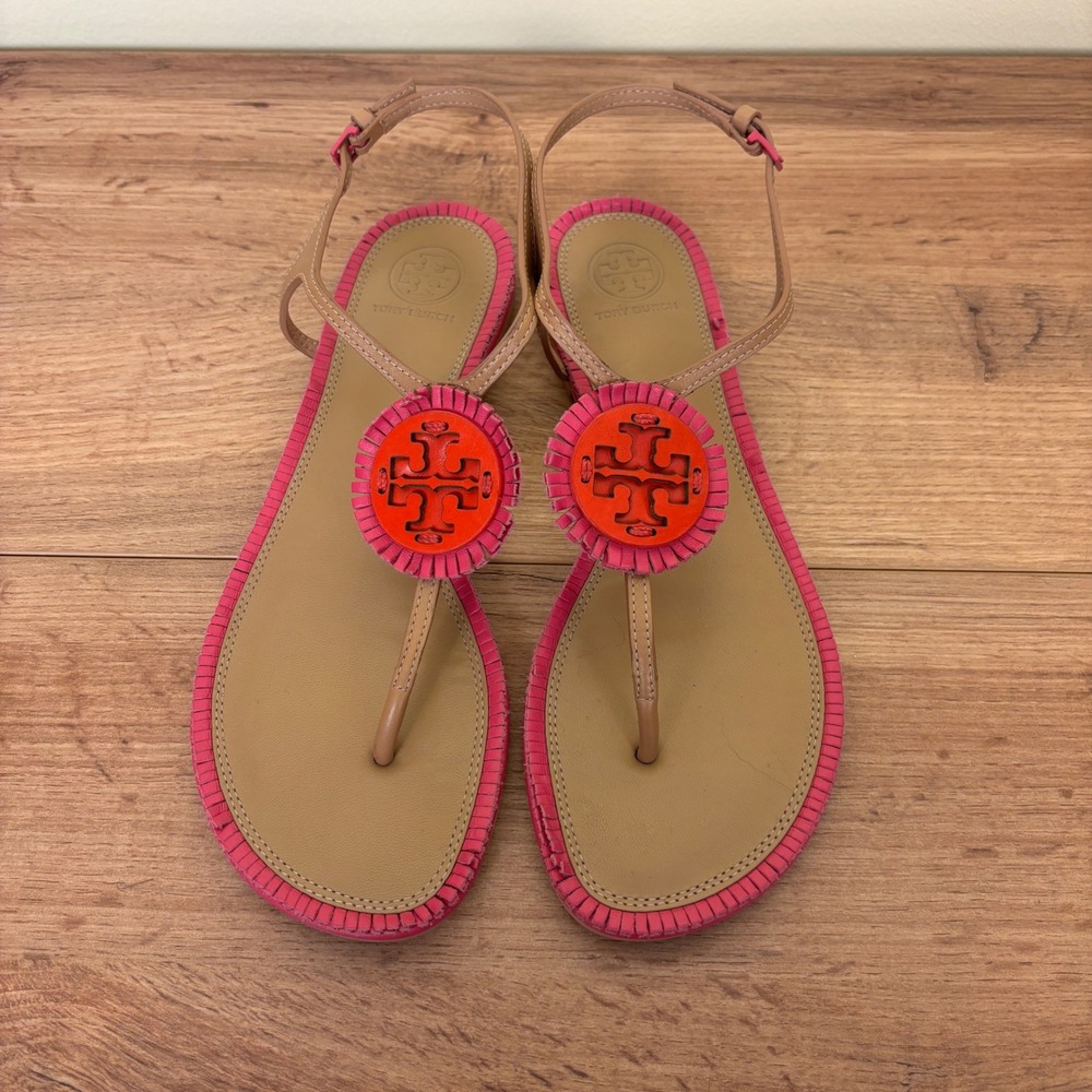 TORY BURCH Miller Fringe Thong Flat Sandals Dusty Cypress/Hibiscus Women Size 7